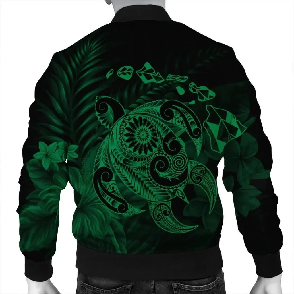 FamilyGater Jacket - Hawaiian Map Turtle Tattoo Hibiscus Plumeria Polynesian Bomber Jacket - Green - AH - J4R