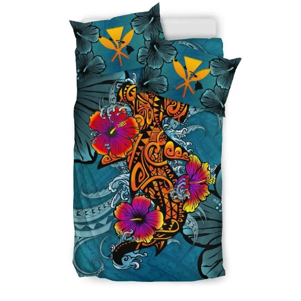 FamilyGater Bedding Set - Cover and Pillow Cases Kanaka Maoli (Hawaiian) - Polynesian Hammerhead Shark Hibiscus A24