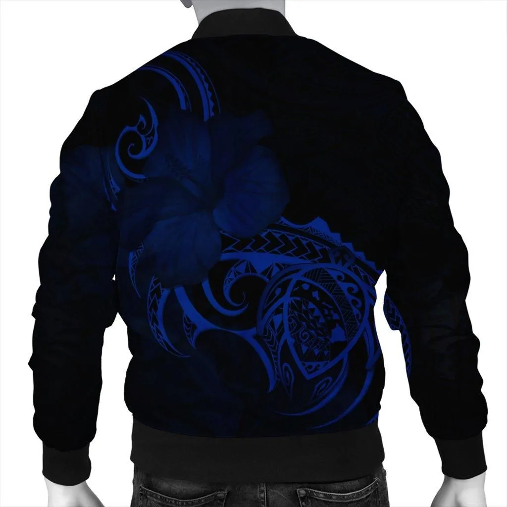 Hawaii Map Turtle Hibiscus Divise Polynesian Bomber Jacket Blue