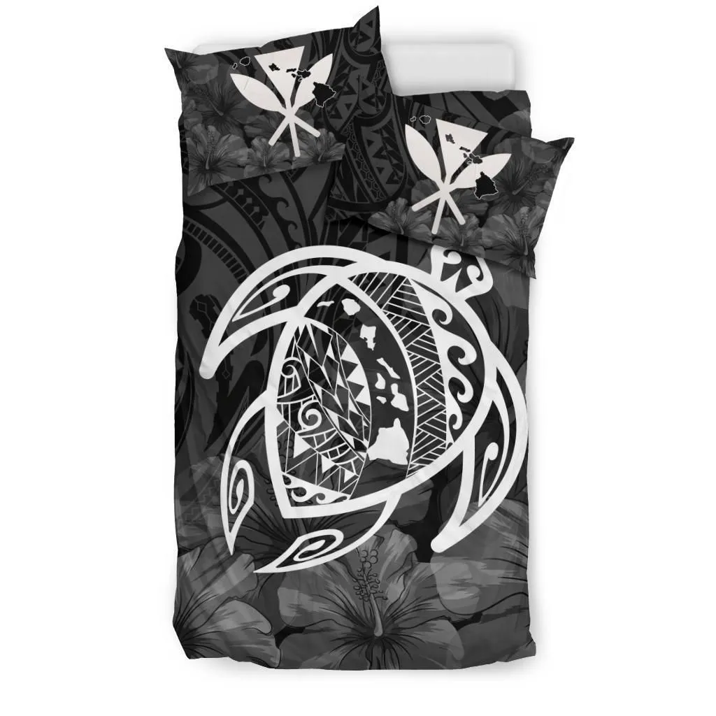 FamilyGater Home Set - Hawaiian Map Turtle Kanaka Hibiscus Polynesian Bedding Set - White - AH J4