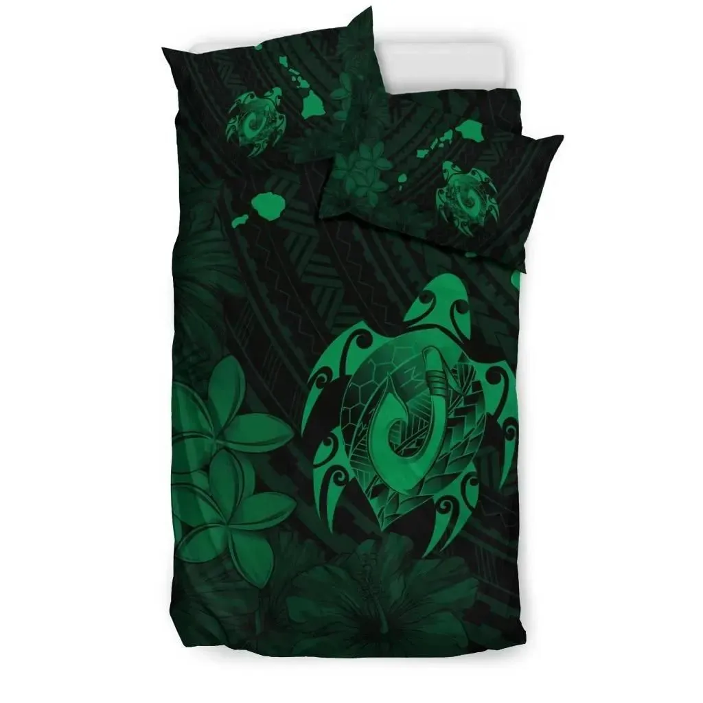 FamilyGater Home Set - Hawaiian Map Turtle Plumeria Hibiscus Fish Hook Polynesian Bedding Set Green - AH - J5