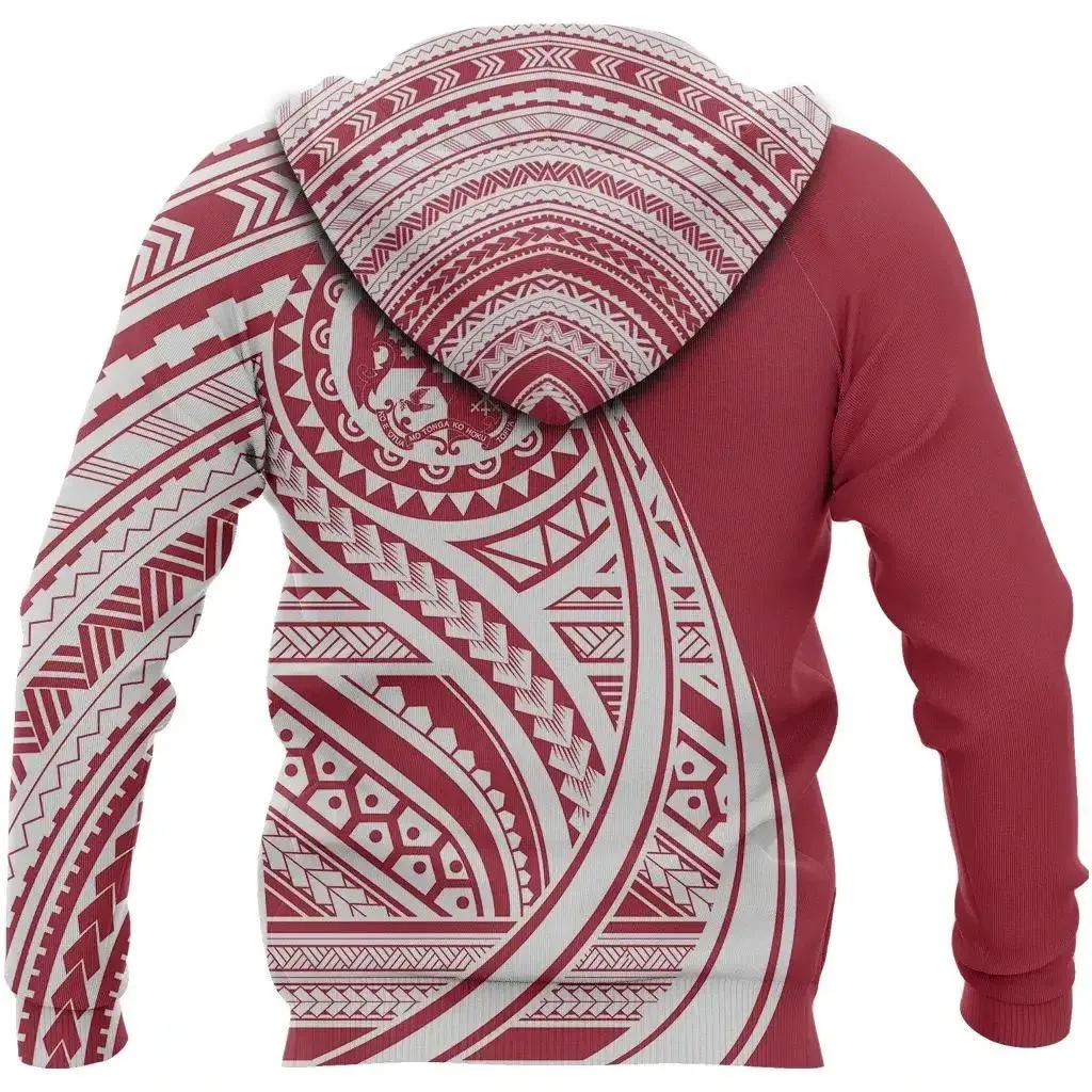 Zip Up Hoodie Tonga Polynesian Red And White -Tattoo Style J7