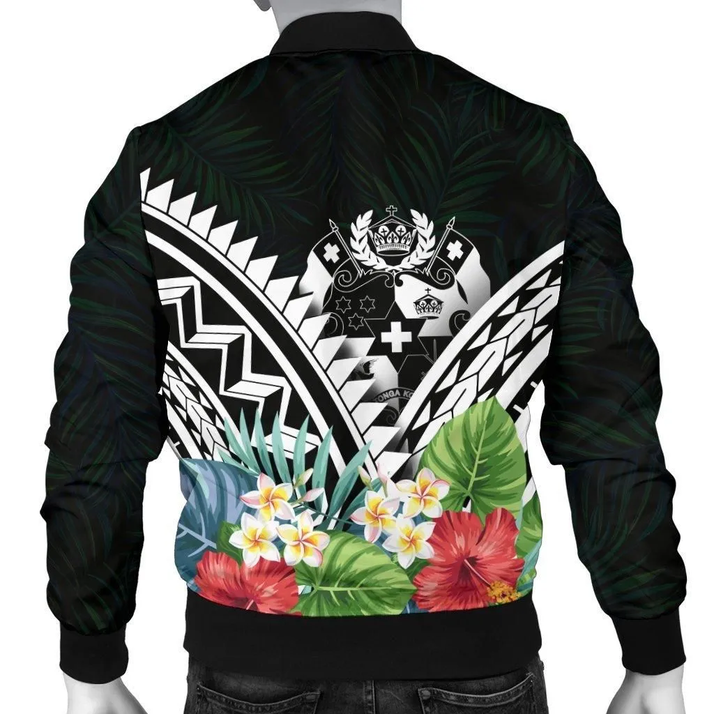 Tonga Mens Bomber Jacket - Tonga Caledonia Coat of Arms & Polynesian Tropical Flowers White