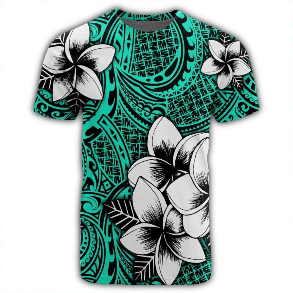 Hawaiian Plumeria Tribe Turquoise Polynesian T-Shirt AH