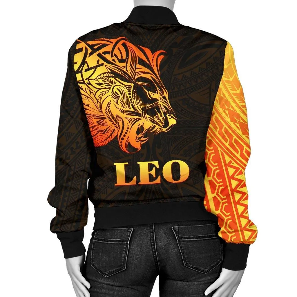 Sun In Leo Zodiac Women Bomber Jacket Polynesian Tattoo Simple - Orange Black