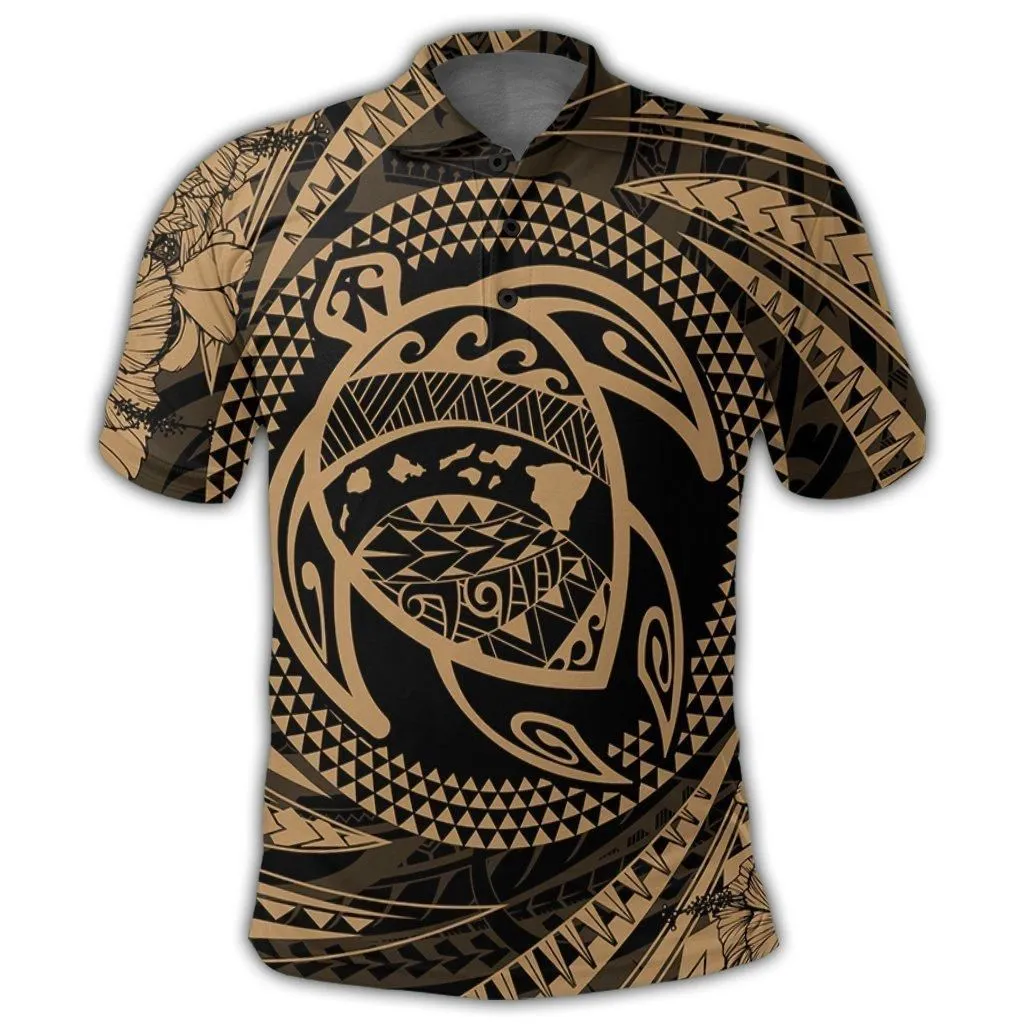 Hawaiian Kanaka Honu Hibiscus Tornando Polynesian Gold Polo Shirt