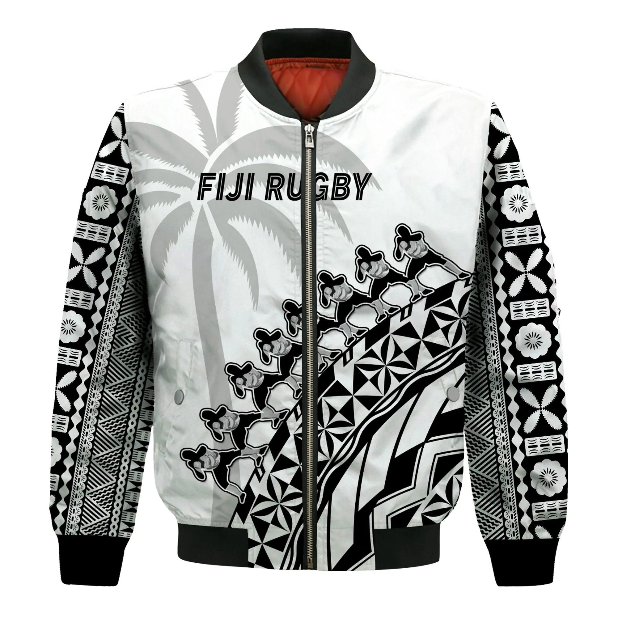 Fiji Rugby Bomber Jacket Fijian Cibi Dance Tapa Pattern White LT14