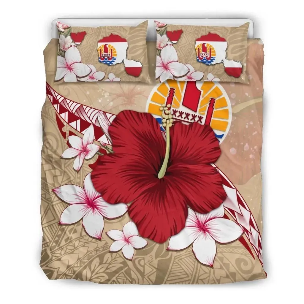 FamilyGater Bedding Set - Cover and Pillow Cases Tahiti - Beige Poly Hibiscus And Maps A10