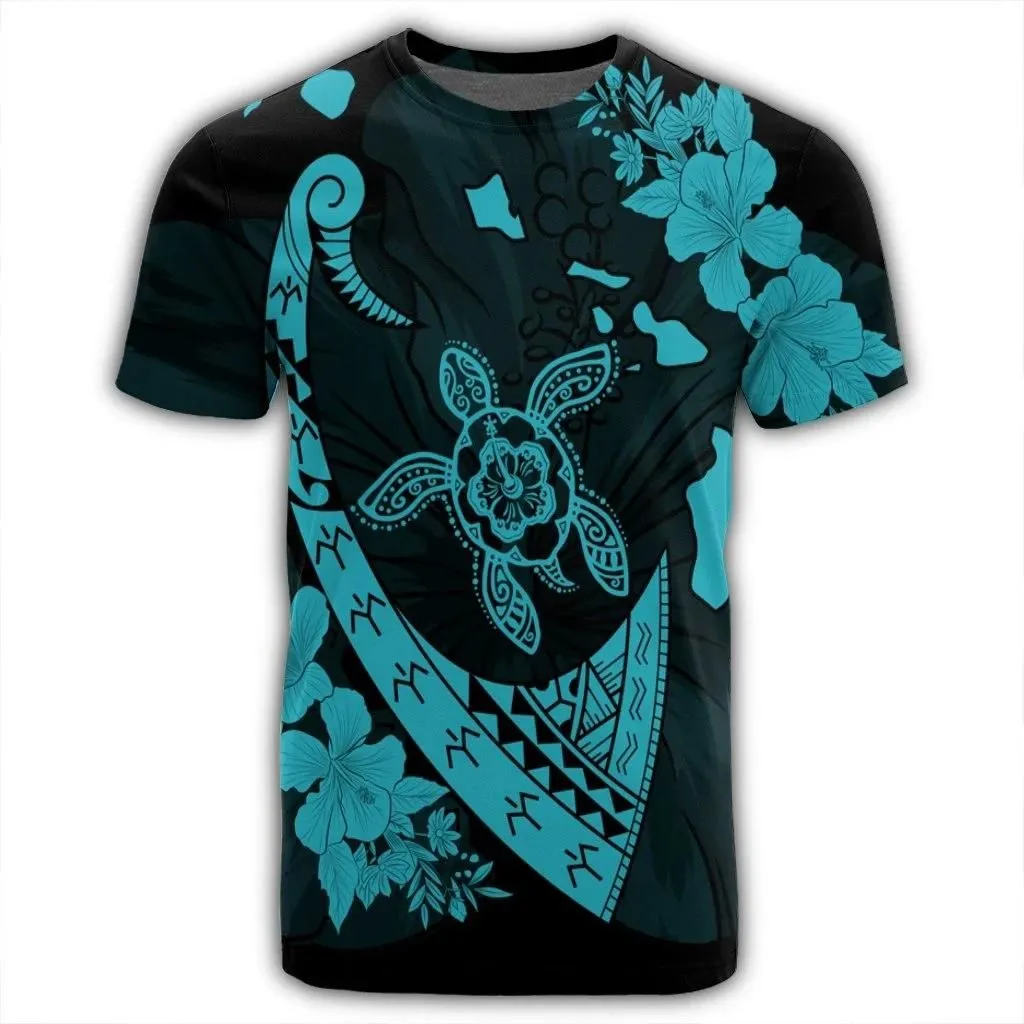 Alohawaii Tee - Hawaiian Map Hibiscus Turtle Fish Hook Polynesian T-Shirt Blue - AH - J5R
