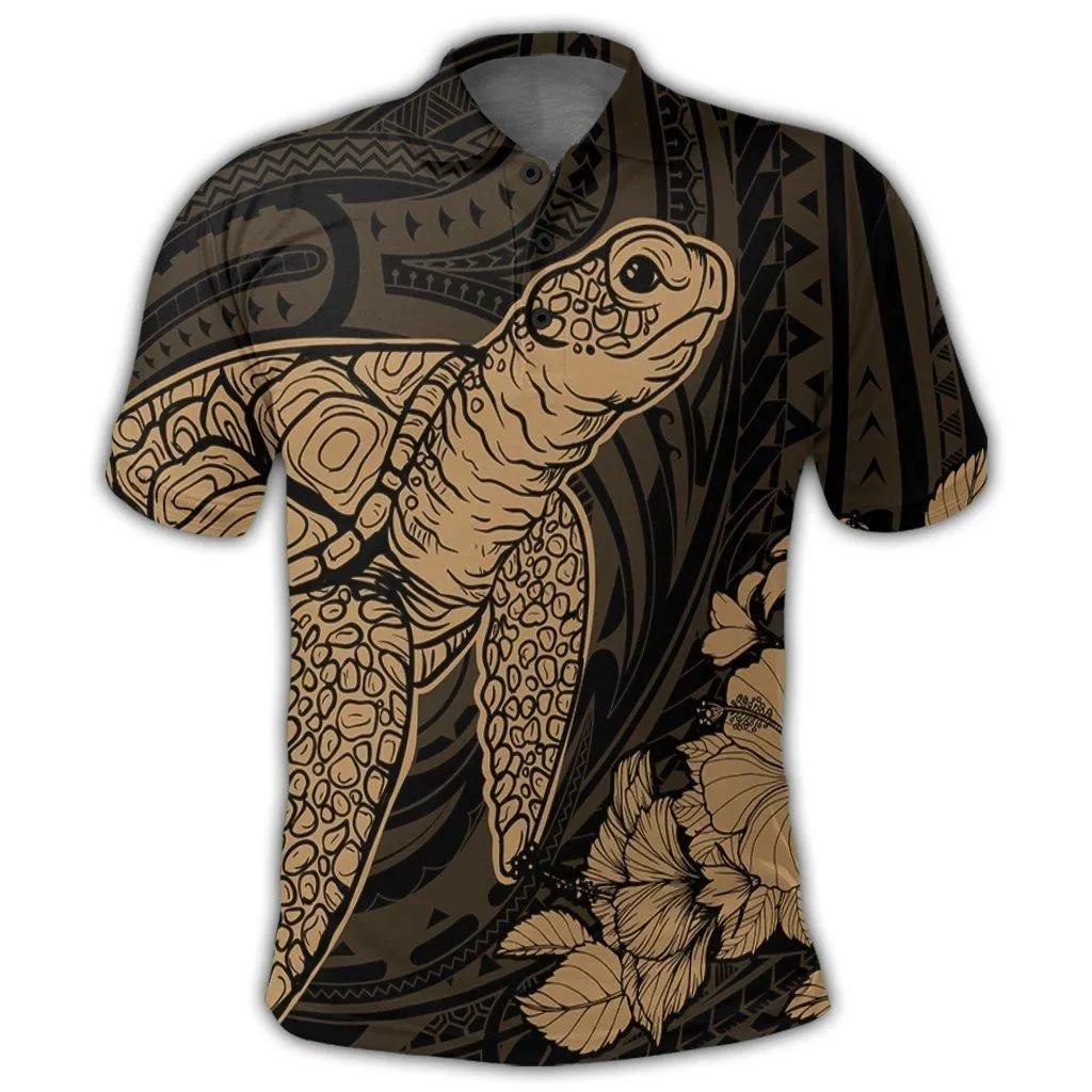 Hawaiian Hibiscus Memory Turtle Polynesian Polo Shirt Gold - AH