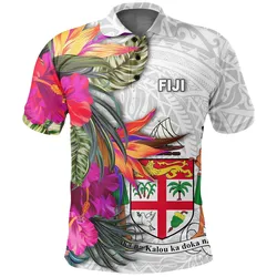Fiji Polynesian Polo Shirt - Hibiscus White Pattern