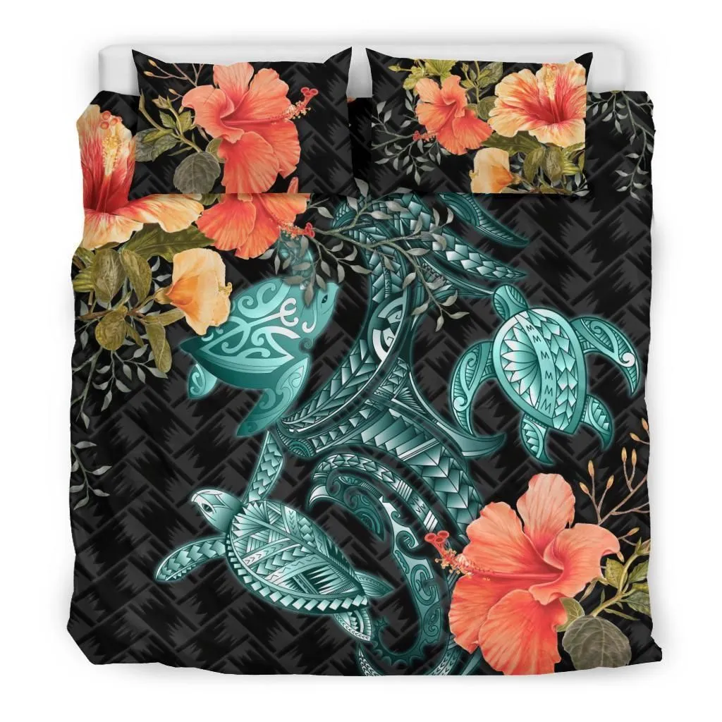 Turtle Mix Hibiscus Bedding Set Polynesian Duvet Cover
