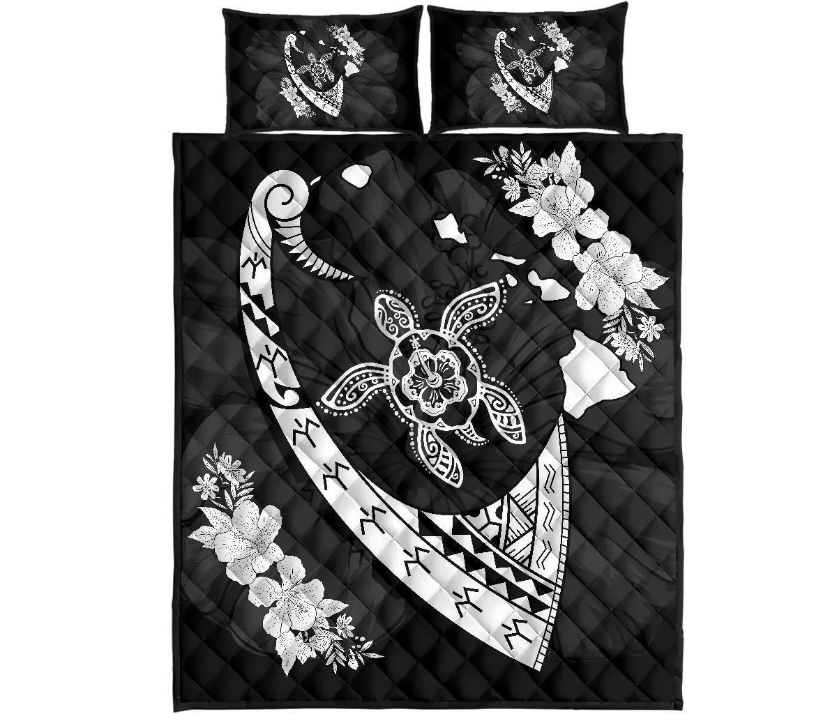 Hawaiian Map Hibiscus Turtle Fish Hook Polynesian Quilt Bedding
