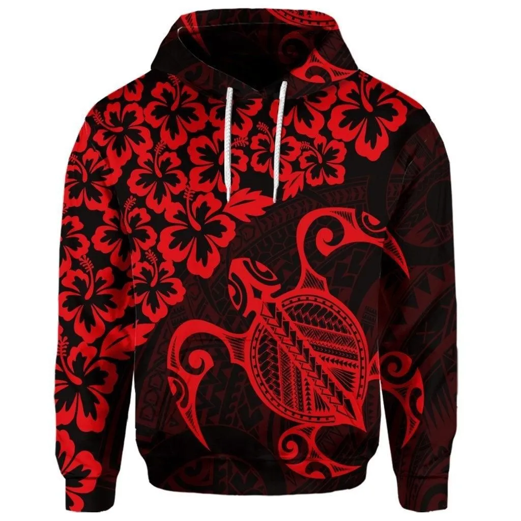 (Personalised) Hawaiian Map Turtle Hibiscus Kanaka Polynesian Hoodie - Red