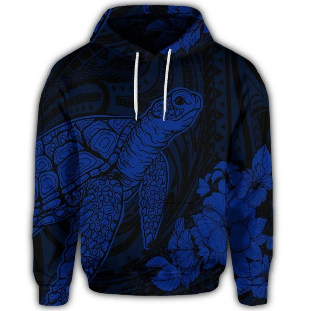 Hawaiian Hibiscus Memory Turtle Polynesian Hoodie Blue