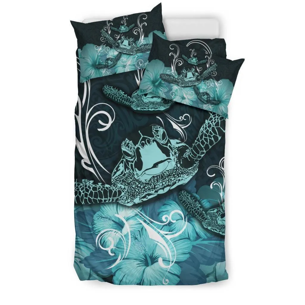 FamilyGater Bedding Set - Cover and Pillow Cases Hawaii Polynesian Turtle Waves Hibiscus - Erik Style - AH - \bTurquoise - J5