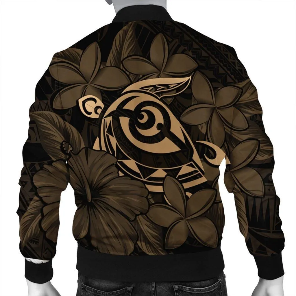 Hawaiian Turtle Hibiscus Plumeria Kanaka Polynesian Bomber Jacket Gold - Soft Style - AH