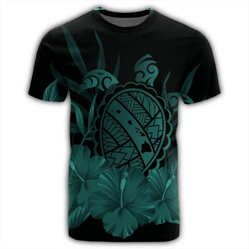 Hawaiian Map Turtle Hibiscus Polynesian T-Shirt - Turquoise - AH