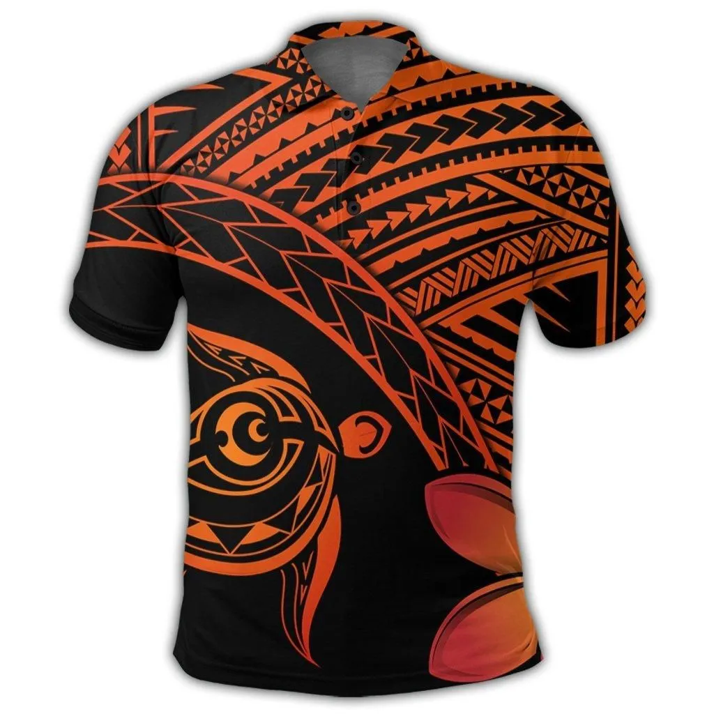 Hawaiian Turtle Plumeria Kakau Polynesian Quilt Polo Shirt Neo Orange AH
