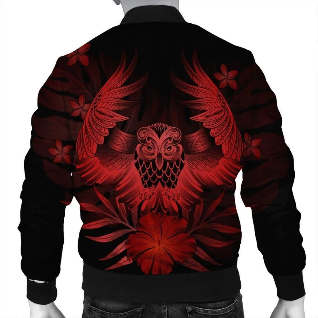 Hawaiian Owl Hibiscus Plumeria Polynesian Bomber Jacket - Red