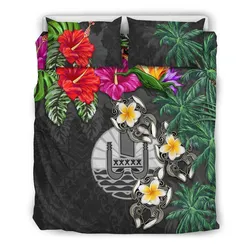 FamilyGater Bedding Set - Cover and Pillow Cases Tahiti - Hibiscus Turtle Tattoo Gray A02