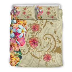 FamilyGater Bedding Set - Cover and Pillow Cases Hawaii Triple Marble Turtle Polynesian Hibiscus - AH - Benjamin Style - Beige - J5