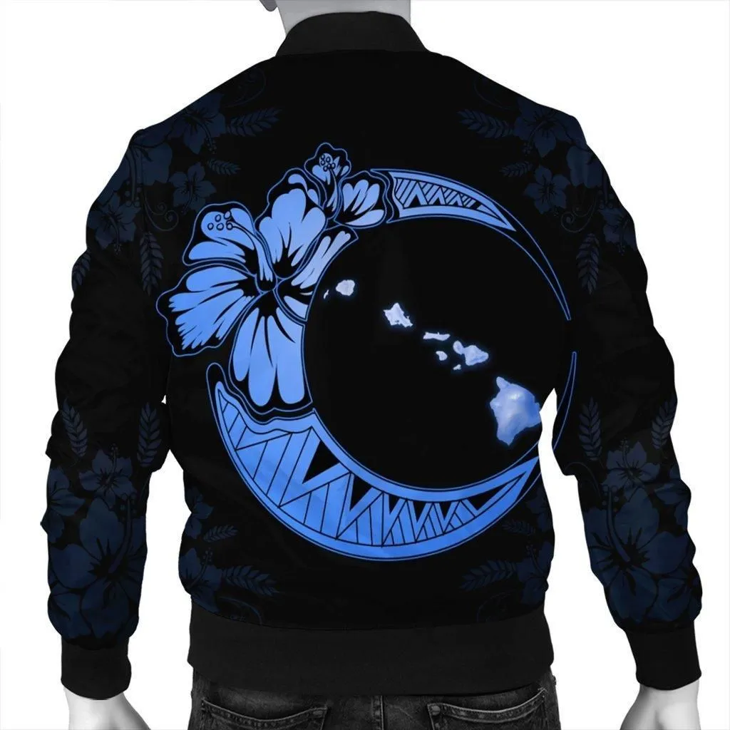Hawaiian Map Hibiscus Turtle Polynesian Moon Bomber Jacket Blue