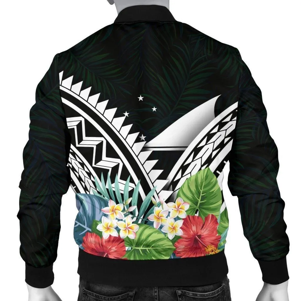 Tokelau Mens Bomber Jacket - Tokelau Caledonia Coat of Arms and Polynesian Tropical Flowers White