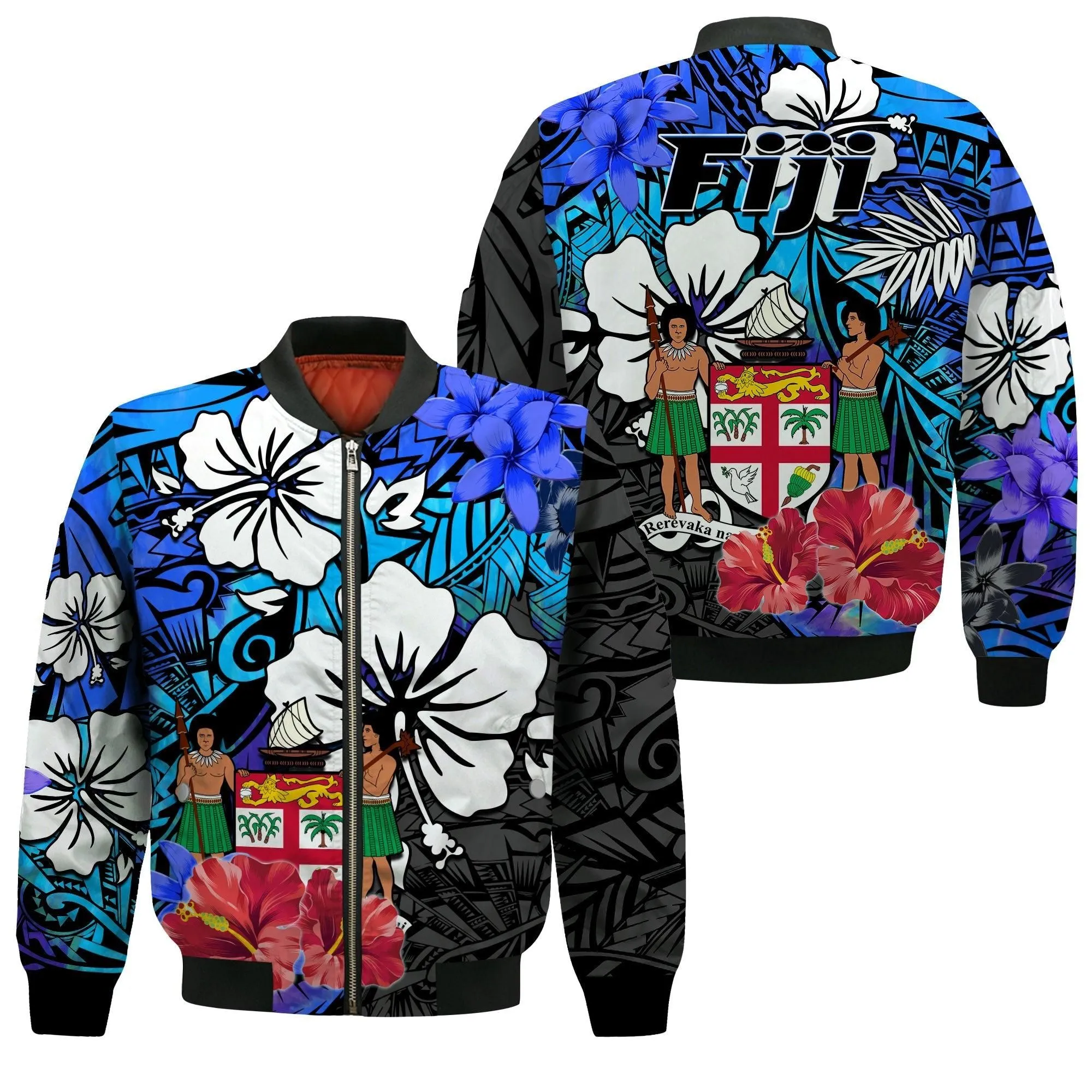 Fiji Tie Dye Bomber Jacket Polynesian Blue Tribal Creative Tropical Flowers LT13