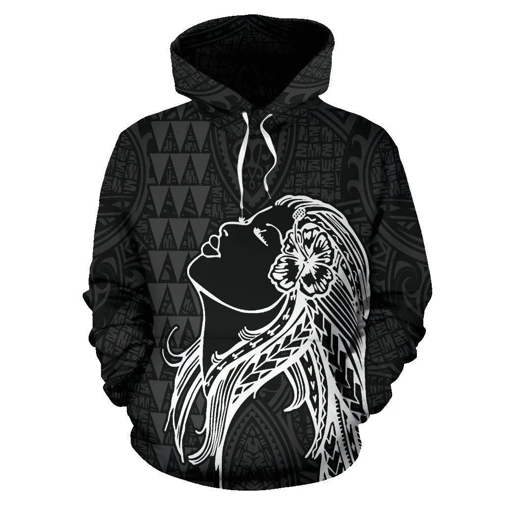 Polynesian Kakau Hula Girl Turtle Hibiscus Hawaii Hoodie White