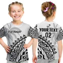 Custom Text And Number Fiji Rugby T Shirt KID Fijian Cibi Dance Tapa Pattern White LT14