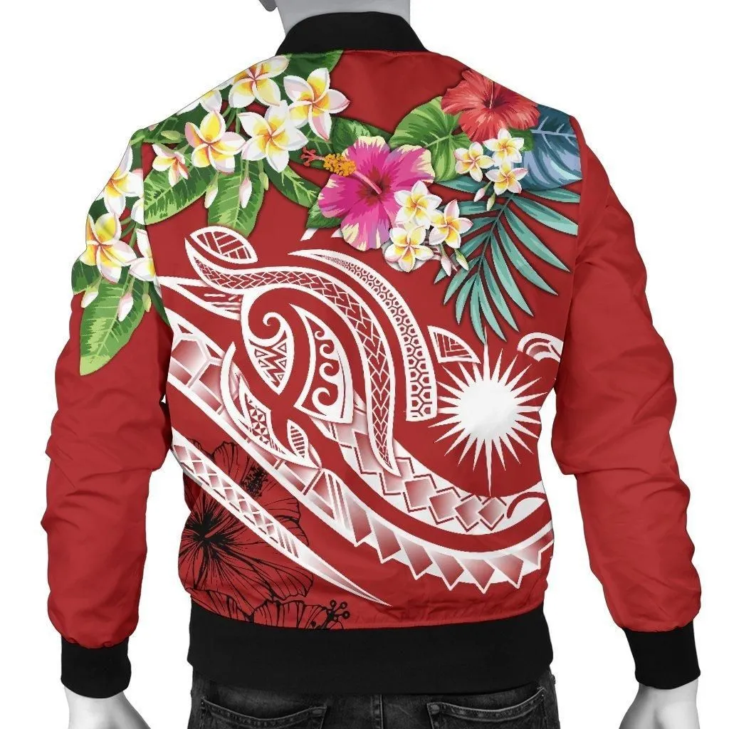 Marshall Islands Polynesian Mens Bomber Jacket - Summer Plumeria (Red)