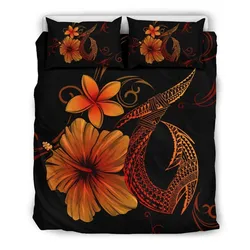 FamilyGater Home Set - Hawaiian Fish Hook Hibiscus Plumeria Polynesian Bedding Set - Orange - AH J4