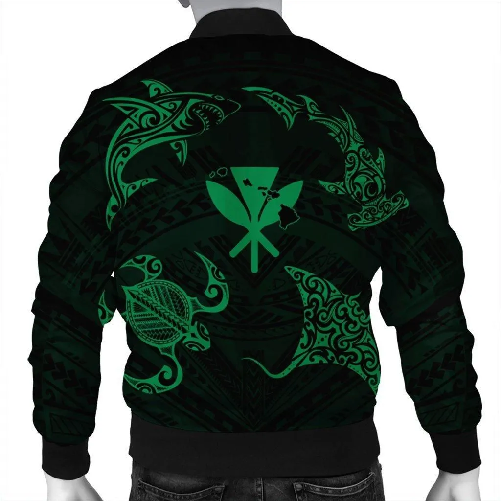 Polynesian Turtle Hammerhead Shark Ray Kanaka Hawaii Bomber Jacket Circle Green - AH