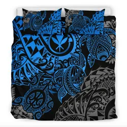 Polynesian Hawaii (Kanaka Maoli) Bedding Set - Blue Hibiscus Turtle Flowing