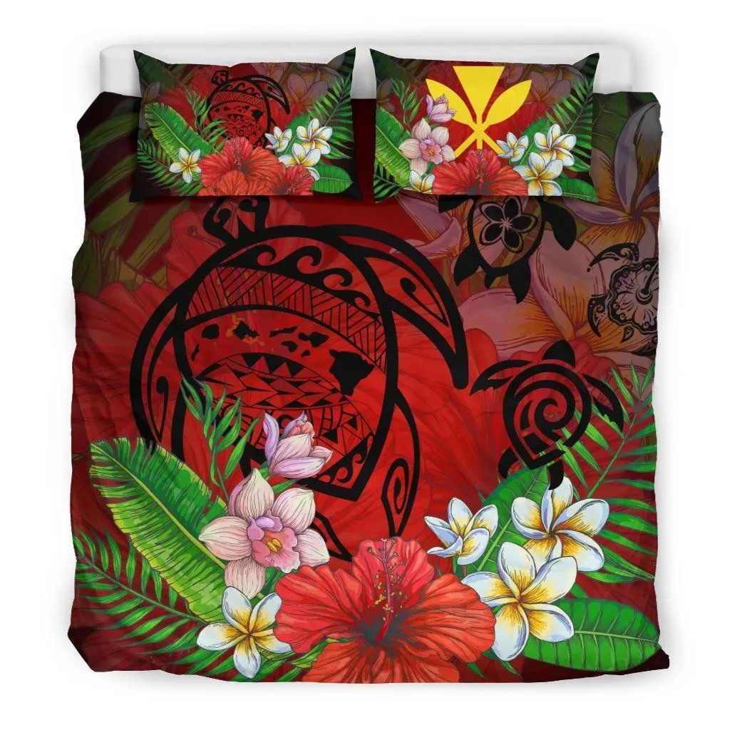 Hawaiian Map Hibiscus Plumeria Kanaka Bouquet Turtle Polynesian Bedding Set - AH J9