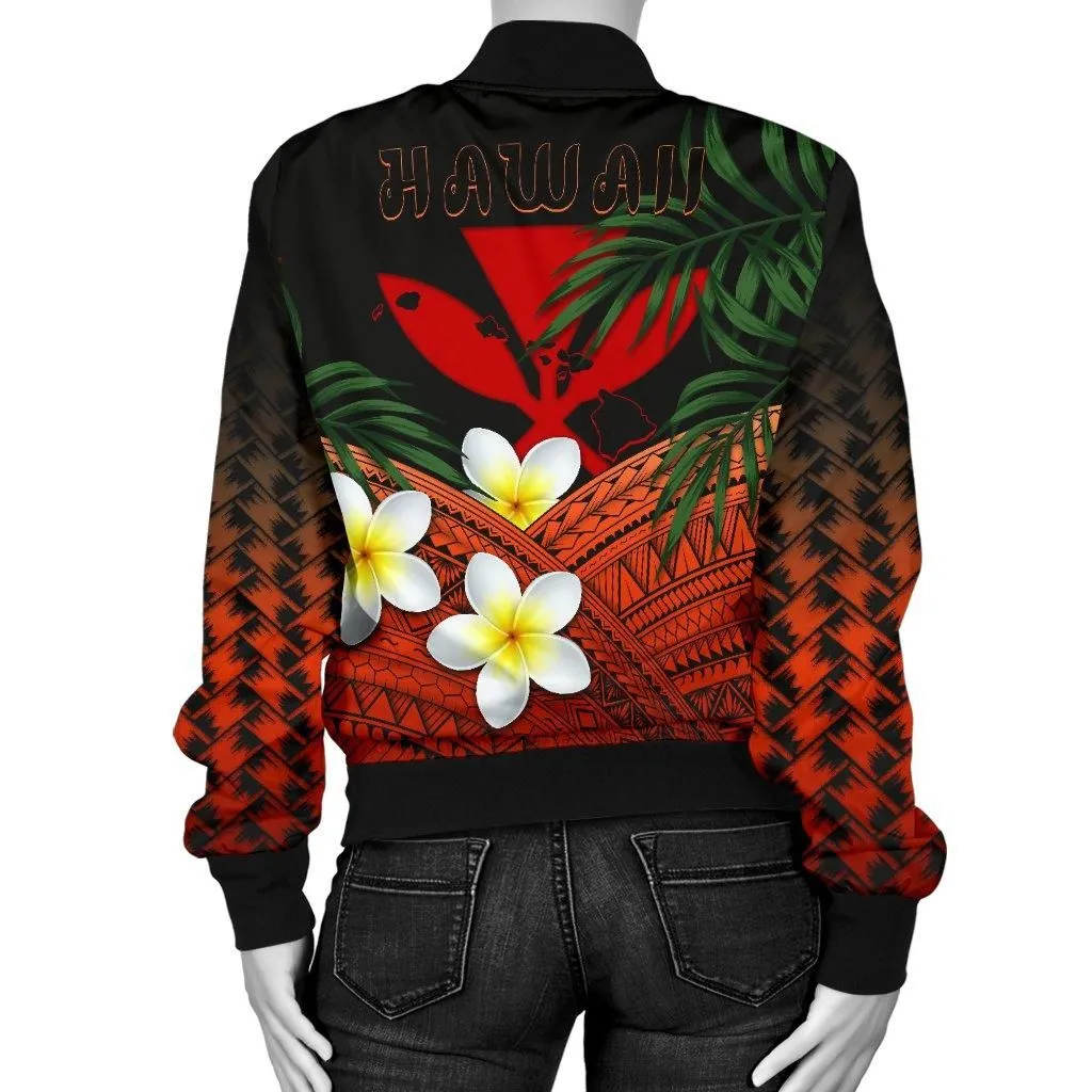 Kanaka Maoli (Hawaiian) Womens Bomber Jacket, Polynesian Plumeria Banana Leaves Red