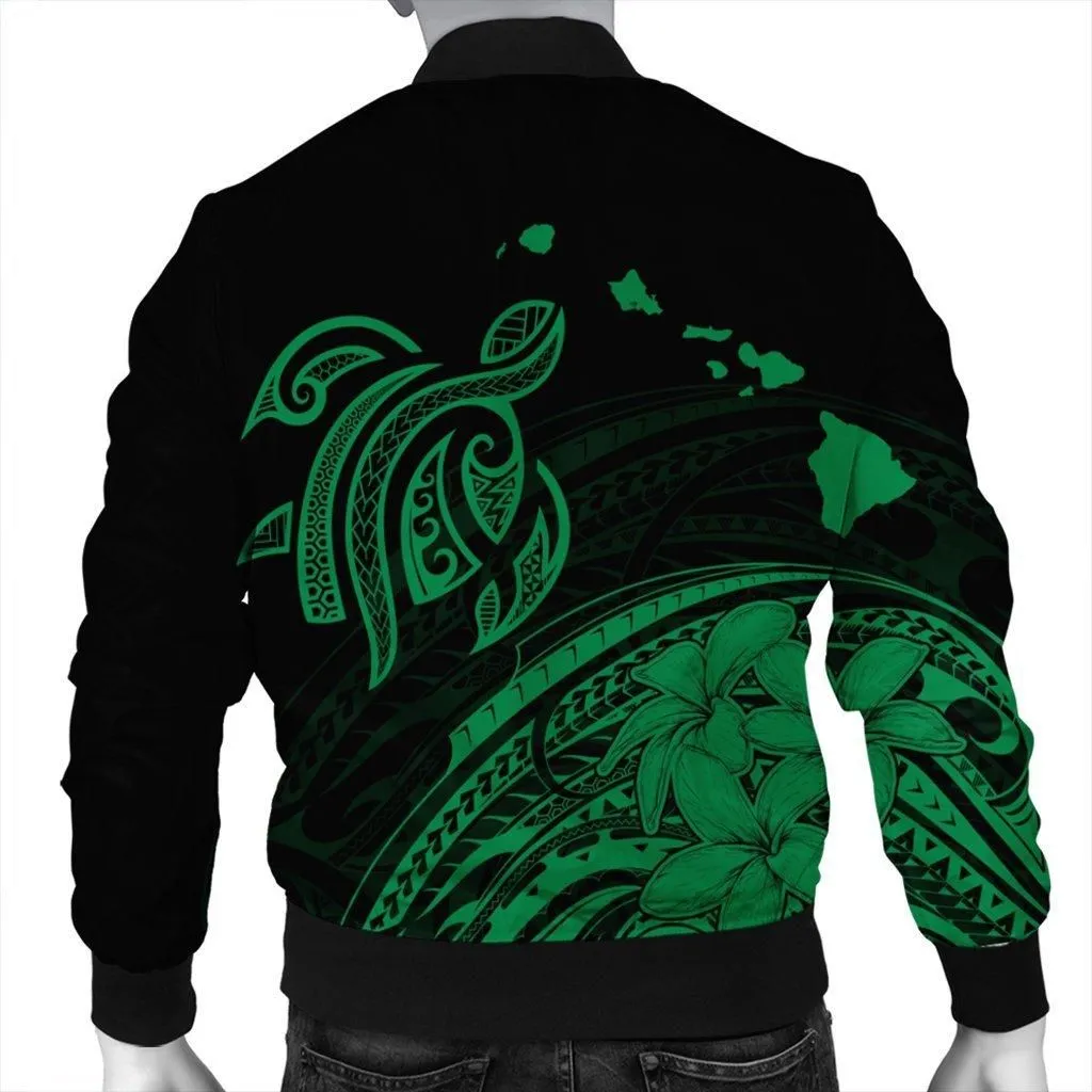Hawaii Turtle Polynesian Map Plumeria Bomber Jacket Green - AH