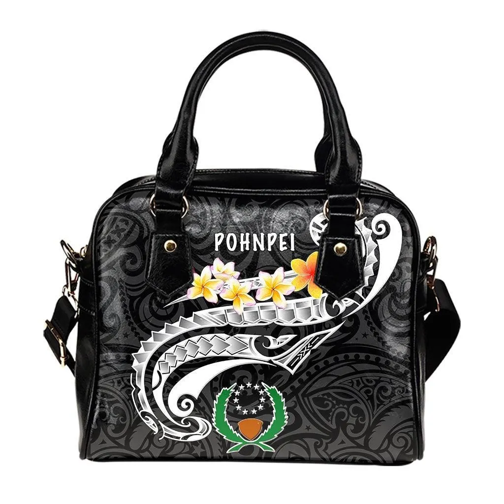Pohnpei Shoulder Handbag - Pohnpei Seal Polynesian Patterns Plumeria (Black)