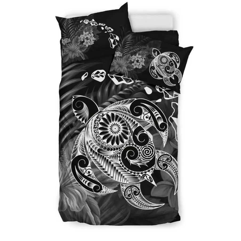 FamilyGater Home Set - Hawaiian Map Turtle Tattoo Hibiscus Plumeria Polynesian Bedding Set - White - AH - J4