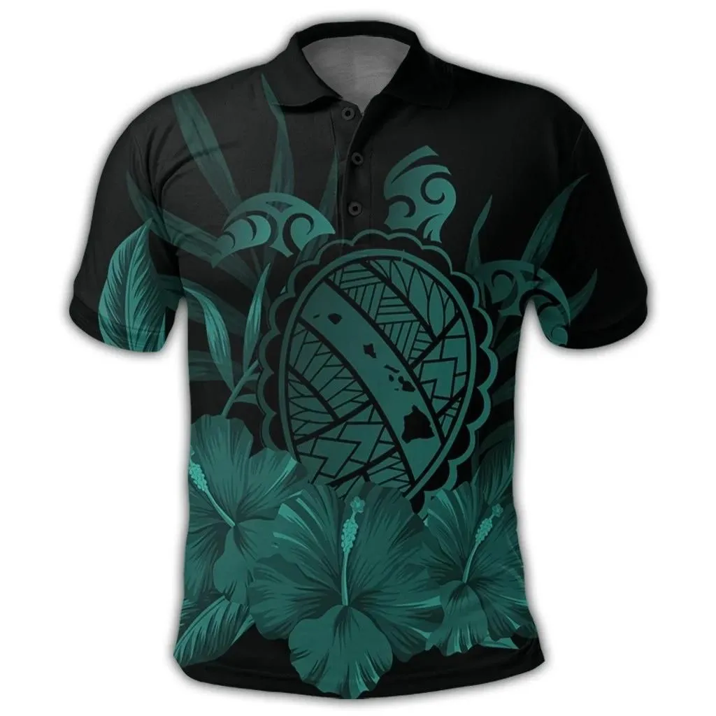 Alohawaii Shirt - Hawaiian Map Turtle Hibiscus Polynesian Polo Shirt - Turquoise - AH - J4R