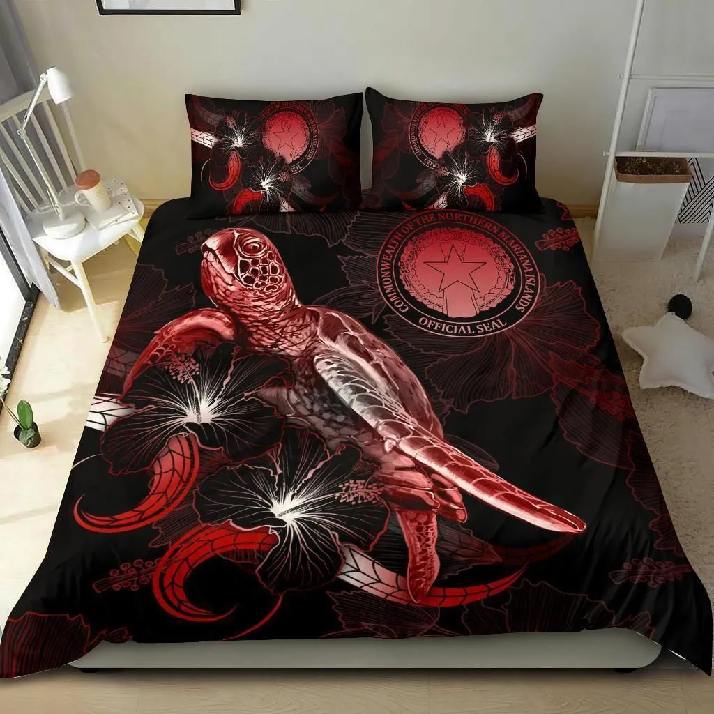 CNMI Polynesian Bedding Set - Turtle With Blooming Hibiscus Red