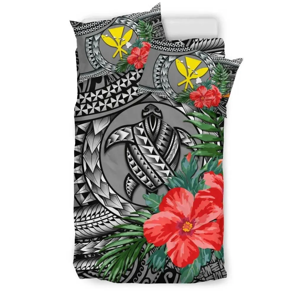 FamilyGater Bedding Set - Cover and Pillow Cases Kanaka Maoli (Hawaiian) - Polynesian Turtle Hibiscus Gray A24