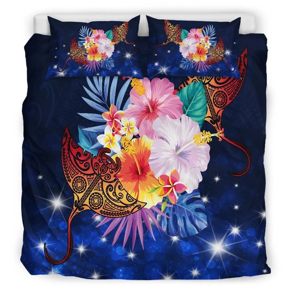 Hawaii Couple Manta Ray Plumeria Hibiscus Tropical Polynesian Bedding Set - Bling Style - AH