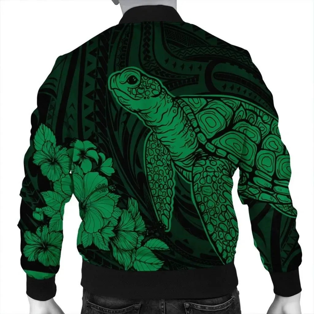 Alohawaii Jacket - Hawaiian Hibiscus Memory Turtle Polynesian Bomber Jacket Green - AH - JR