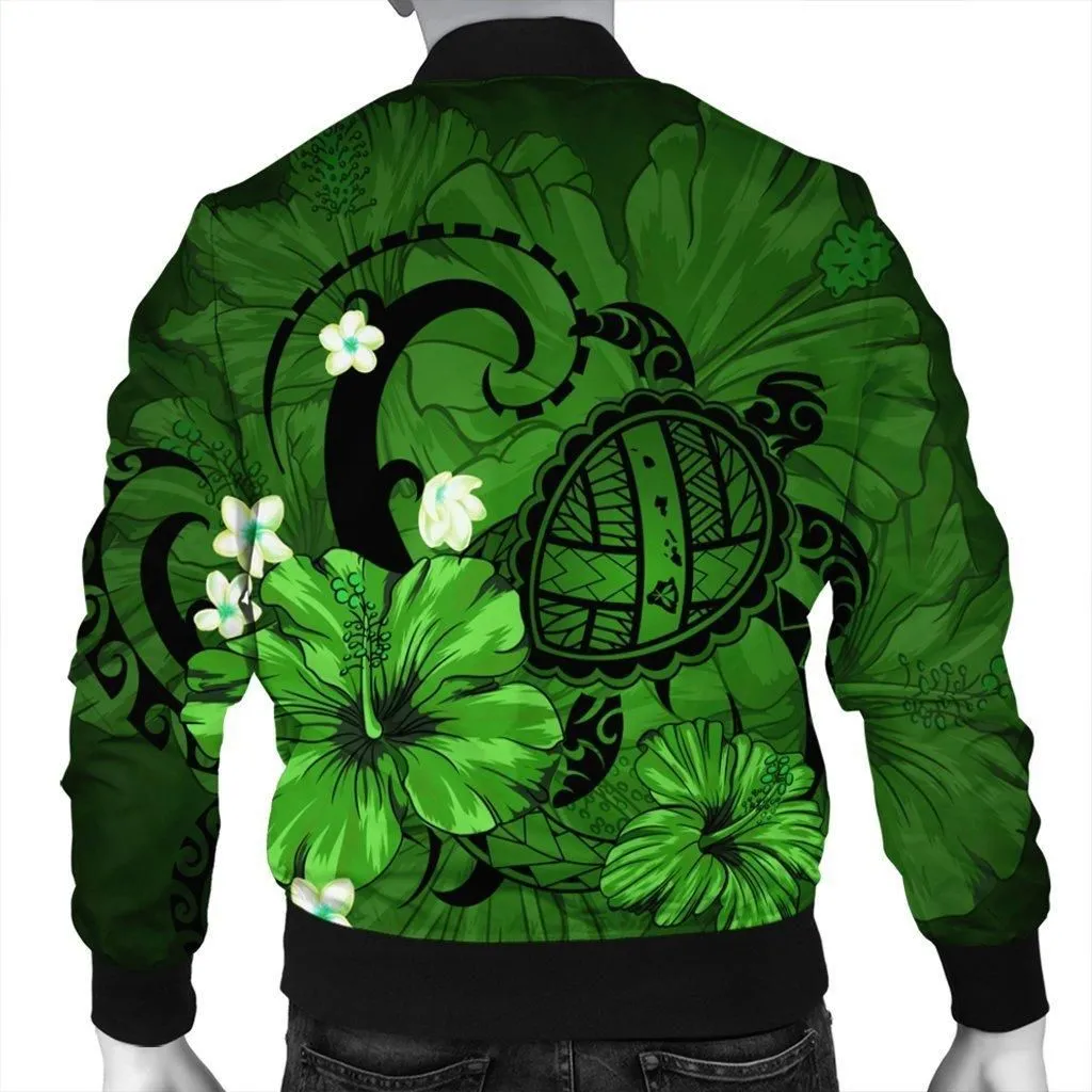 Hawaiian Map Big Turtle Hibiscus Plumeria Tribal Polynesian Bomber Jacket - Green