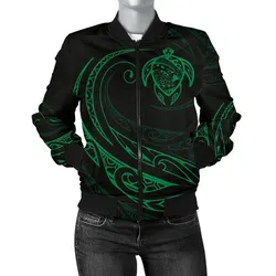 Hawaii Turtle Map Polynesian Womens Bomber Jacket - Green - Frida Style