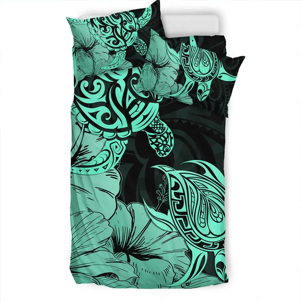 Hawaii Turtle Bedding Set Polynesian Hibiscus Art Turquoise