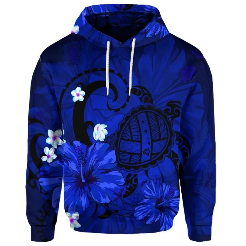 Alohawaii Hoodie - (Personalised) Hawaiian Map Big Turtle Hibiscus Plumeria Tribal Polynesian Hoodie - Blue - AH - J6R