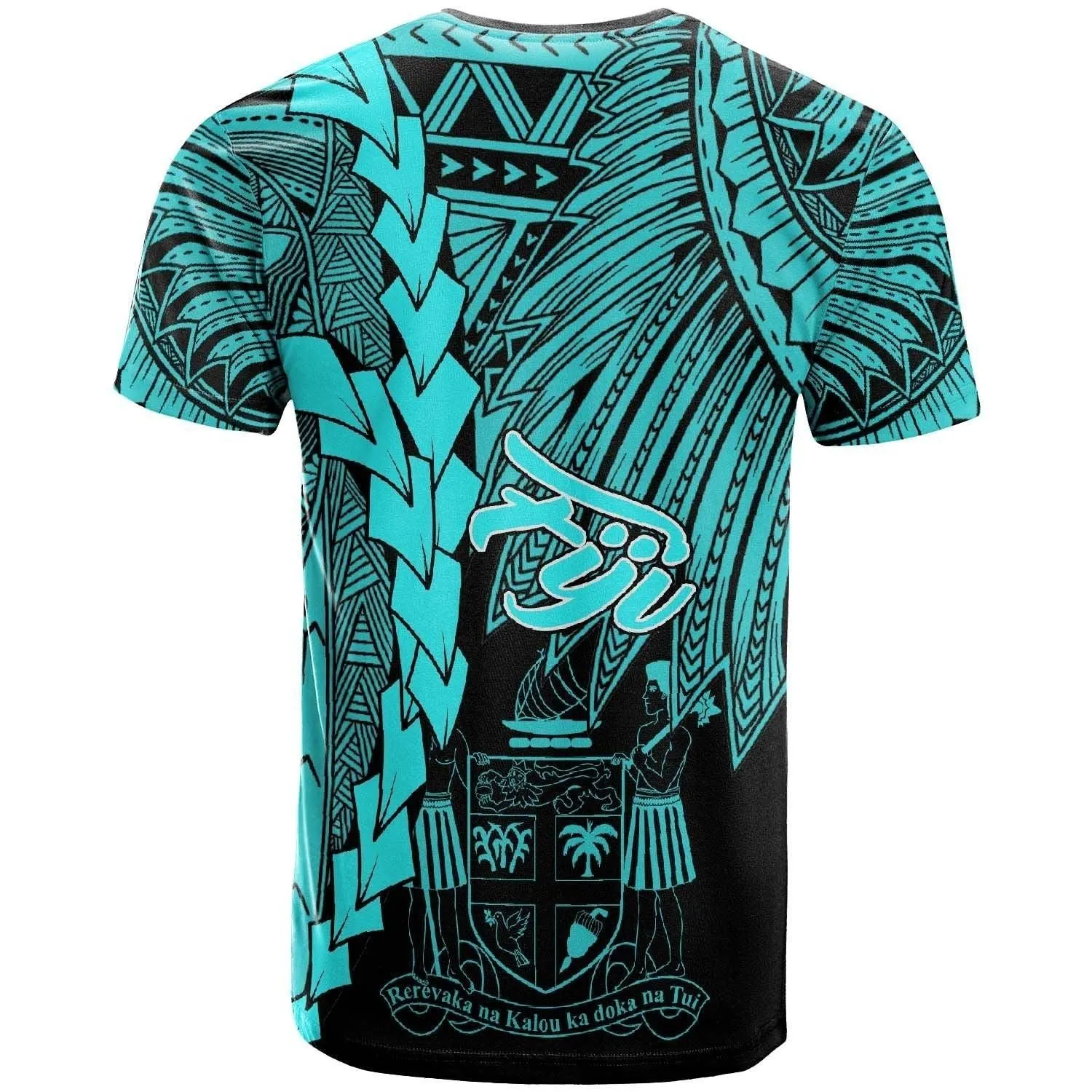 Fiji Polynesian Custom Personalised T-Shirt - Tribal Wave Tattoo Neon Blue